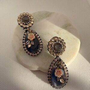 Gold-Tone Navy Blue Teardrop Earrings with Pink Flower Accents